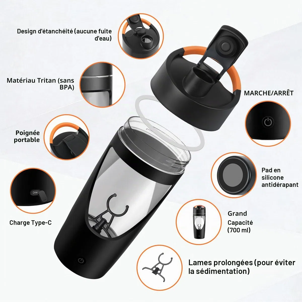 Shaker electrique, 700ml shaker électrique avec compartiment à poudre, shaker proteine rechargeable USB C, sans BPA (noir)