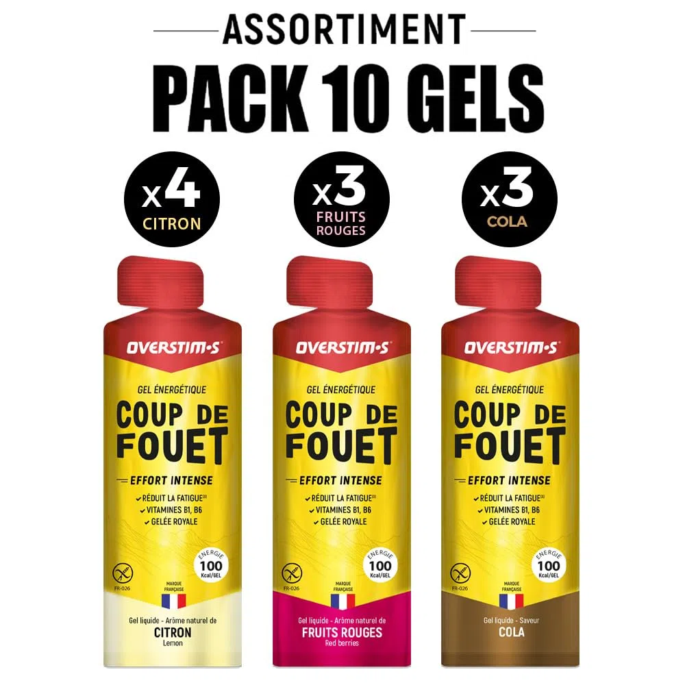 Overstim.s - Gel Coup de Fouet (10 sachets) - Gel énergétique pour le sport (vélo, course à pied..) - Energie instantanée - Efforts intenses - 100 kcal/gel - Assortiment (Citron, Fruits rouges, Cola)