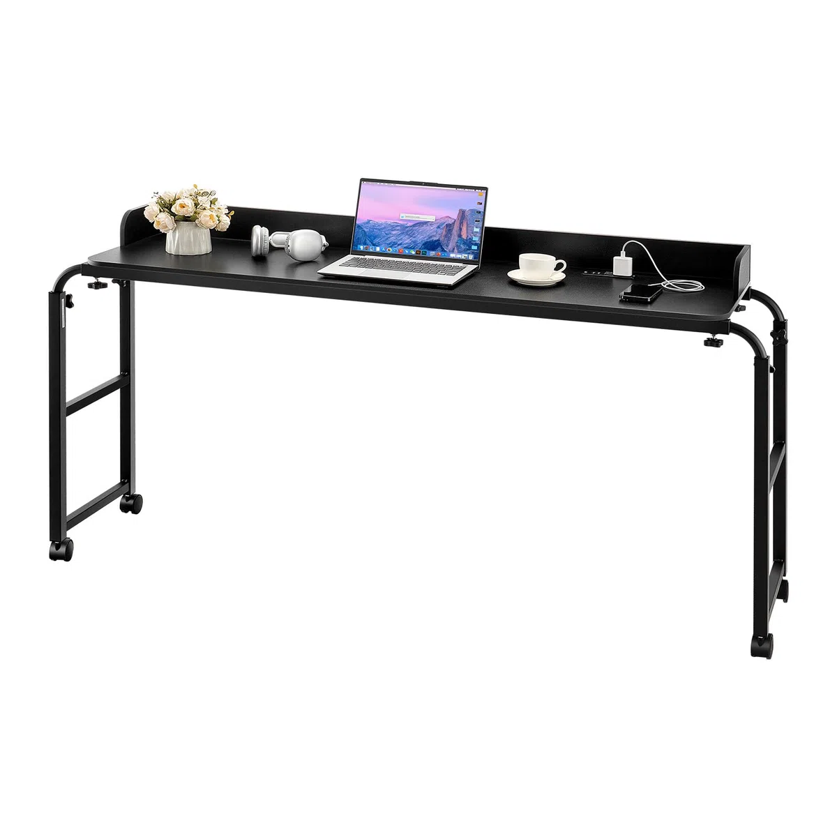 VEVOR Table de lit Mobile, Table d'appoint avec 4 roulettes (Dont 2 avec Freins) et Prise de Courant, Bureau au-Dessus du lit réglable en Hauteur, en Panneaux de Particules, pour Maison, Bureau, Noir