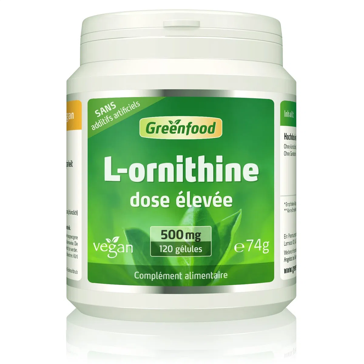 Greenfood L-ornithine, 500 mg, dose élevée, 120 gélules - acide aminé important. Produit par fermentation naturelle. SANS additifs artificiels, sans organisme génétiquement modifié. Vegan