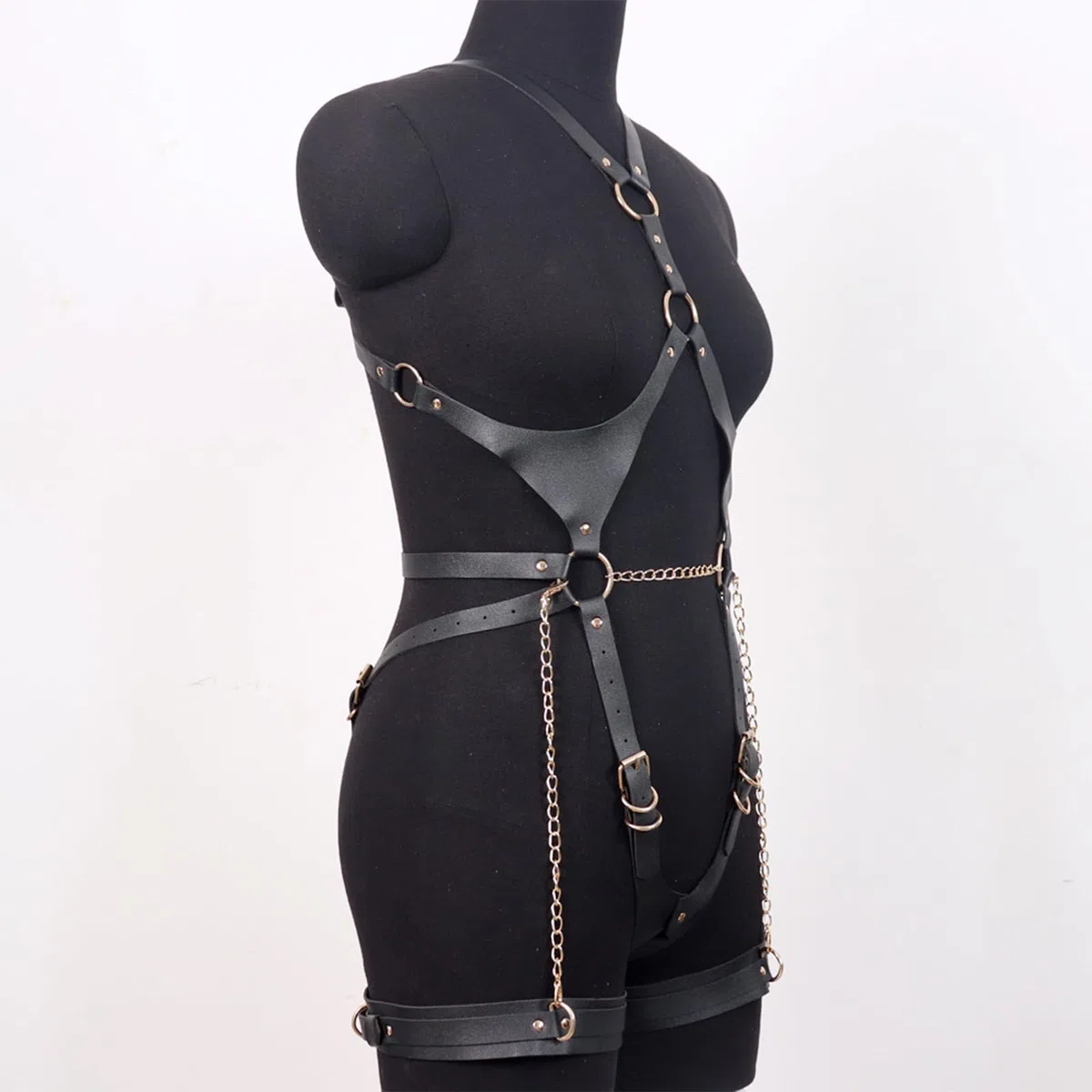 BDSMYOU Harnais Femme Cuir Lingerie Sangle Body avec Menottes,Fétiche Lingerie Ensemble de Fesseln,Vêtements Gothiques (Noir)