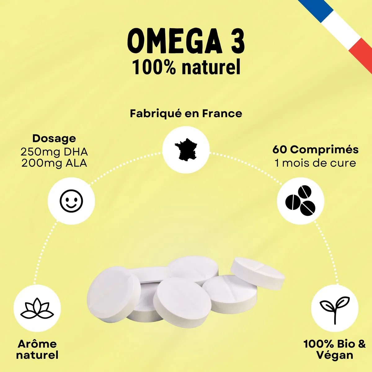 Oméga 3 Vegan & Bio - 250 mg DHA + 200 mg ALA - Microalgue & Huile de Lin Française - Cerveau & Vision - 1er DHA Certifié Bio - Fabrication Française - Cure 1 Mois (60 Gélules)