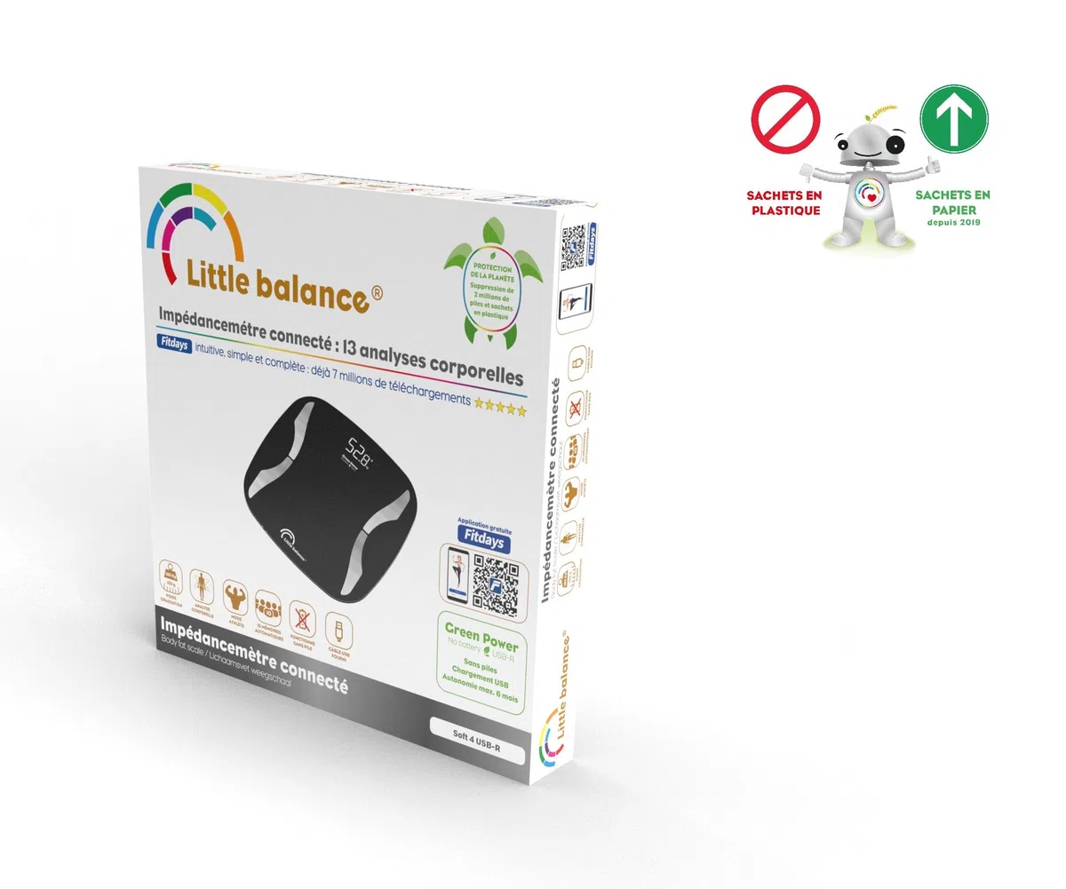 LITTLE BALANCE 8651 Soft 4 USB-R, Impédancemètre connecté sans pile, Rechargeable USB, Réparable, 180 kg, Noir