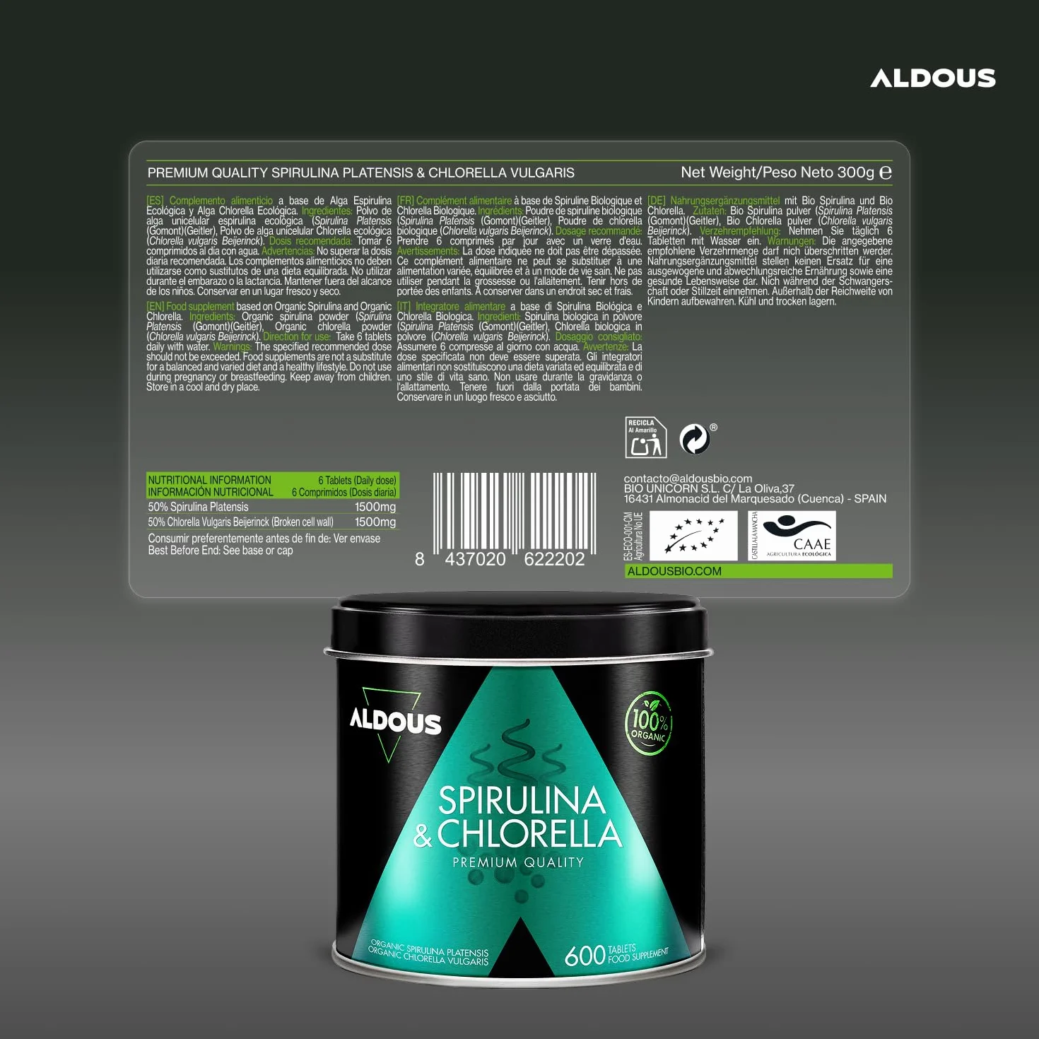 Chlorella + Spiruline Comprimés - 600 Comprimés - 3000mg par Dose Journalière - Anti Fatigue & Immunité Adulte - Phycocyanine & Protéines - Vegan - DETOX - Sans Additif - Certifié Bio - ALDOUS