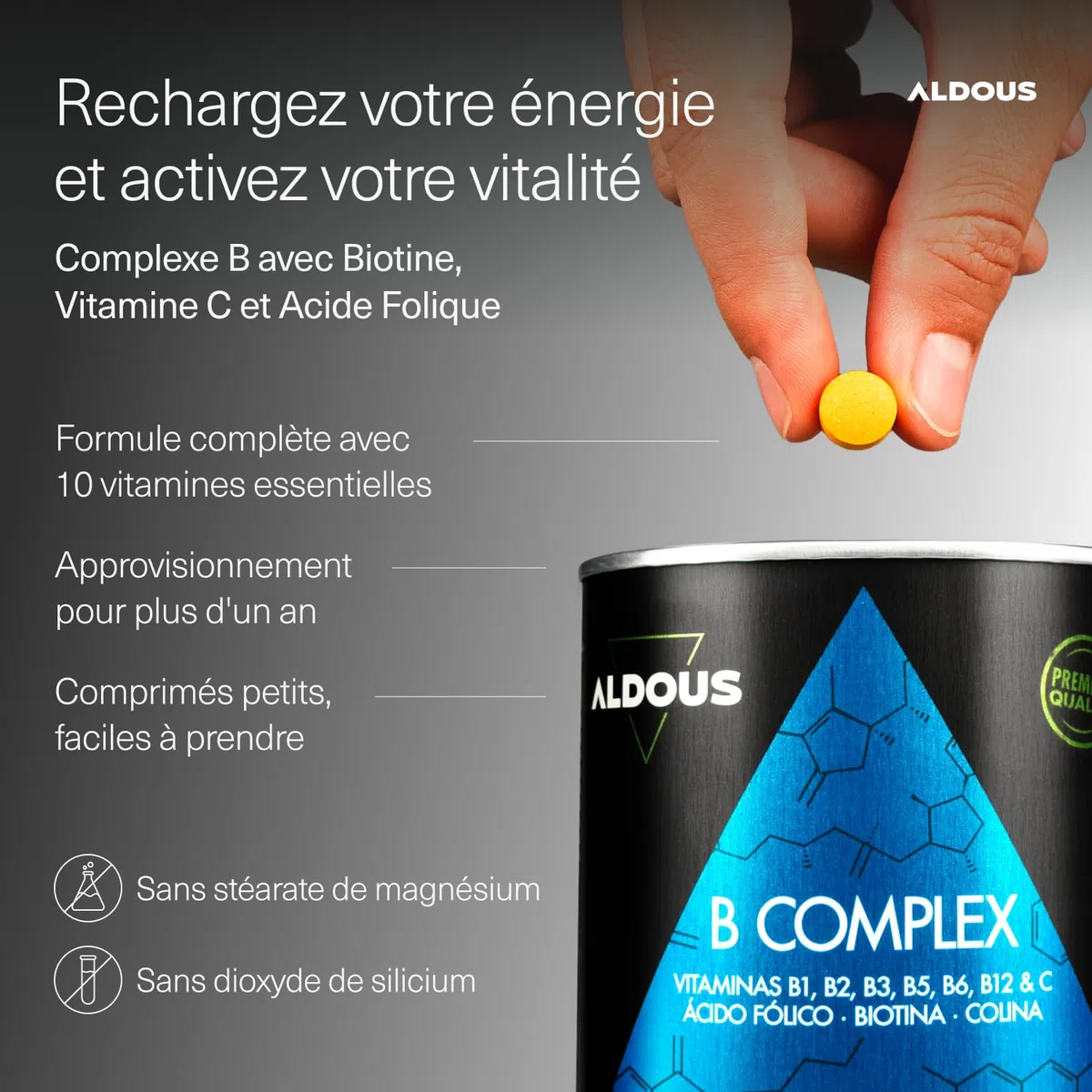 Vitamine B Complex + Vitamine C - 400 comprimés pour plus d'un an - Multivitamines - Complexe Vitamine B avec Vitamine B12, B1, B2, B3, B5, B6, Acide Folique, Biotine, Choline - Vegan - ALDOUS