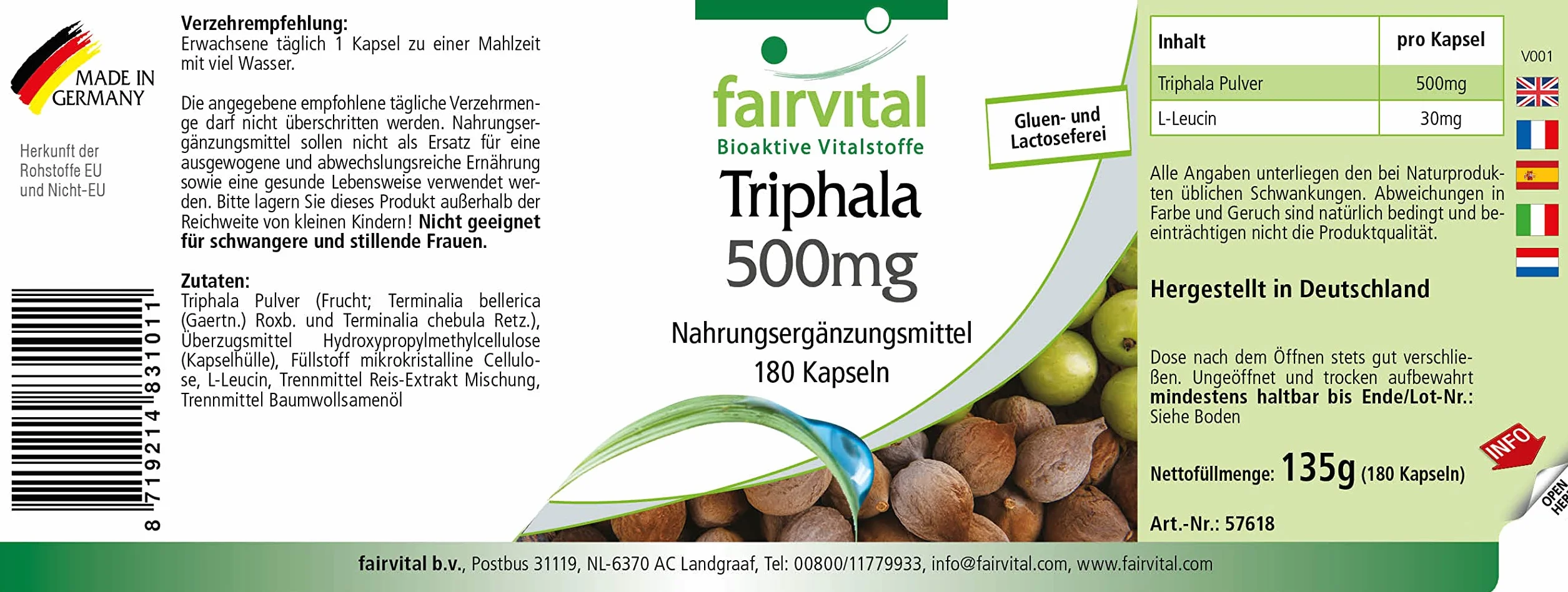 fairvital Triphala 500mg, 180 gélules végétaliennes, mélange ayurvédique à trois fruits, Amalaki, Haritaki, Bibhitaki, qualité contrôlée et hautement dosé, fabriqué en Allemagne