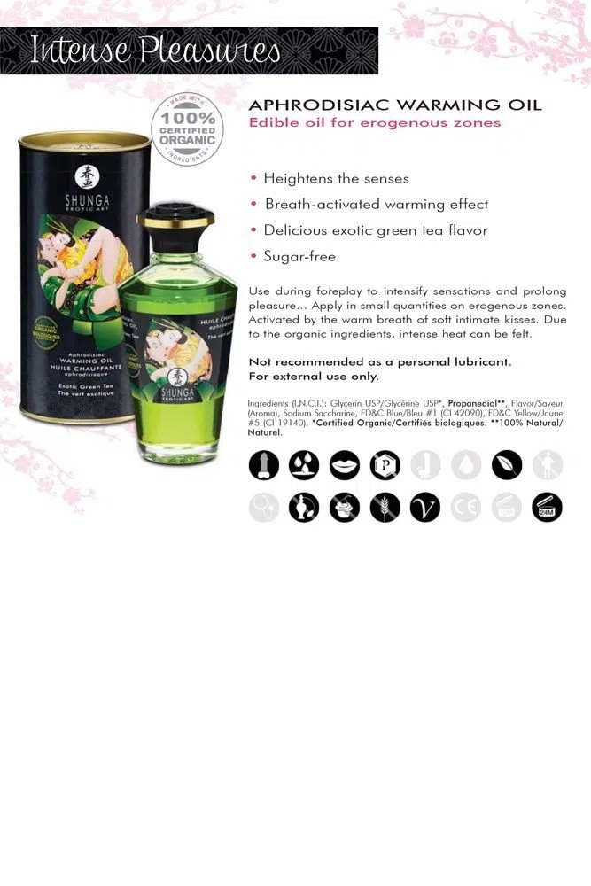 Shunga Huile de Massage Thé Vert Chauffante Comestible Bio, Vert, 100 ml, 1 Unité