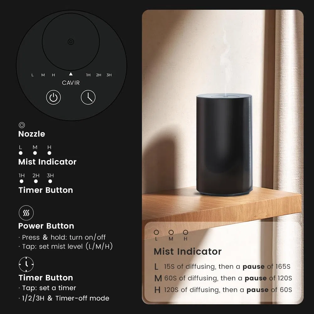 Cavir Diffuseur d'huiles essentielles sans Eau - Mini Machine à air Portable - Aromathérapie - Charge USB - 1/2/3H/temps - 3 Niveaux de Brume - pour la Maison, la Voiture, Le Bureau