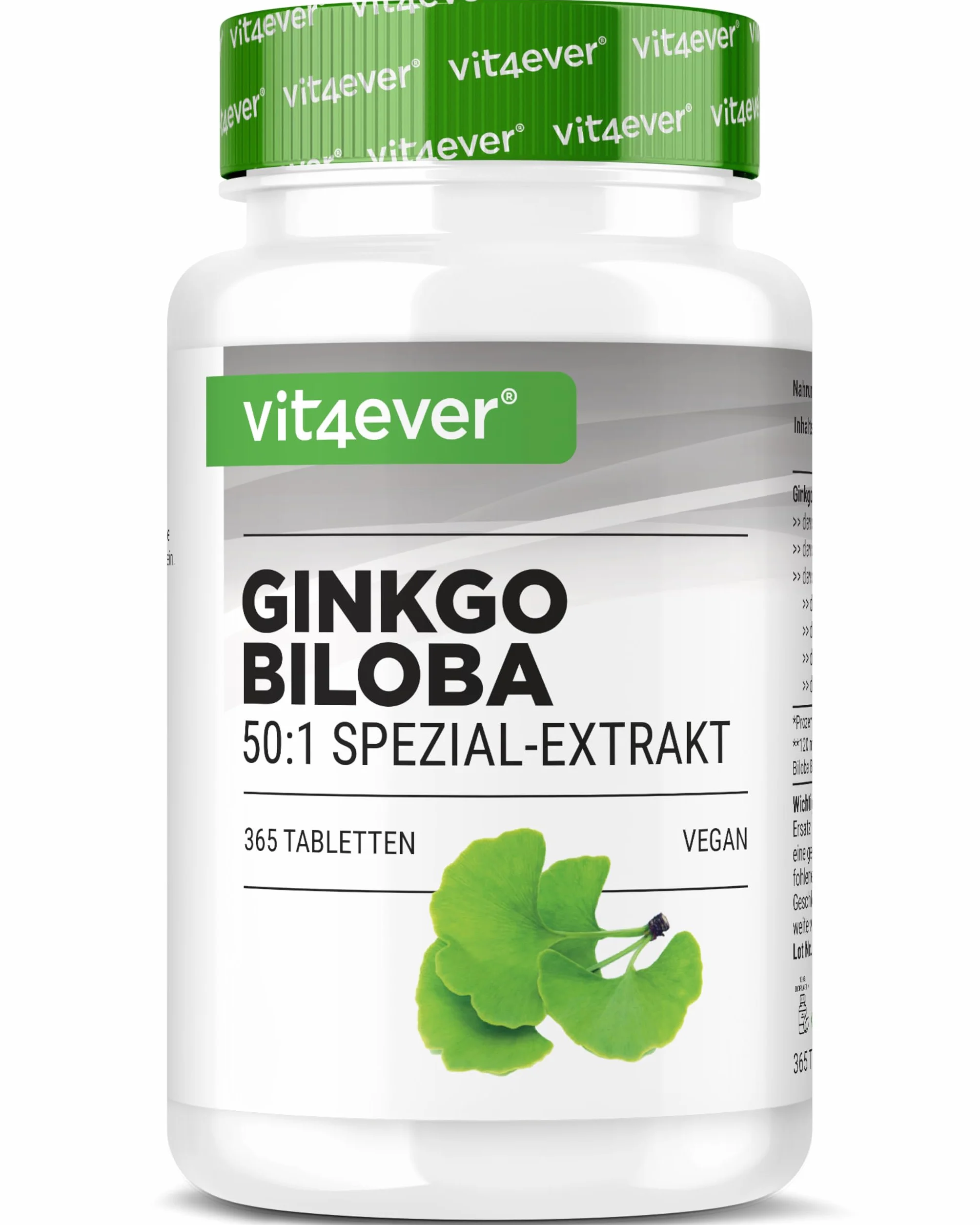 vit4ever Ginkgo Biloba 6000 mg - 365 Comprimés – Extrait Premium : avec Flavonoglycosides + Ginkgolides-Lactones Terpéniques & sans Acide Ginkgolique - Hautement Dosé – Vegan