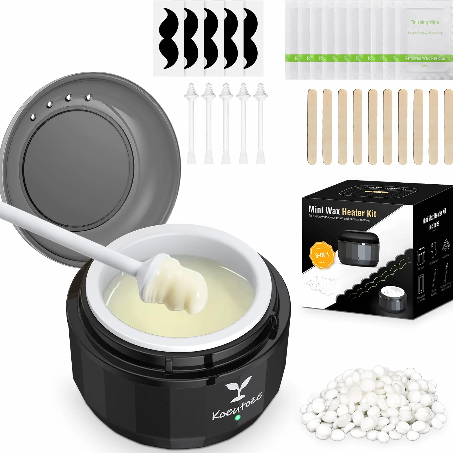 Cire Epilation Nez Kit pour Hommes et Femmes, Chauffe Cire epilation Visage avec 100g Perles de Cire, 5 Bâtonnets Nasaux et Oreilles, 10 Pochoirs Moustache, Chauffe USB & Température Stable