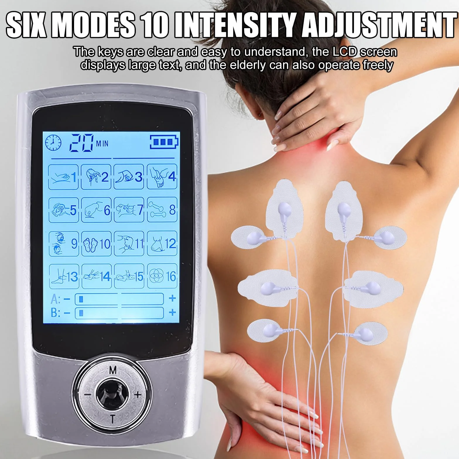 Appareil TENS - 16 modes - Électrodes de stimulation rechargeables contre la douleur - 16 programmes d'entraînement - 20 niveaux d'intensité - 2 canaux - Électrodes de qualité supérieure - Appareil