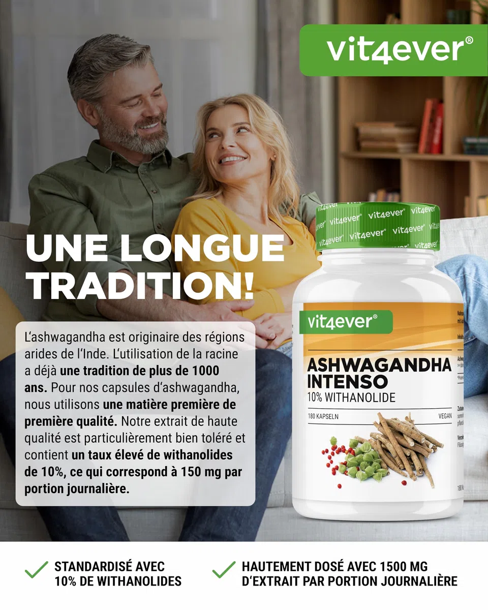 Extrait d’Ashwagandha – 180 Capsules contenant chacune 750 mg d’Extrait pur de Racine et 10% de Withanolides – Haute Pureté – Végan – Hautement Dosé – Qualité Premium