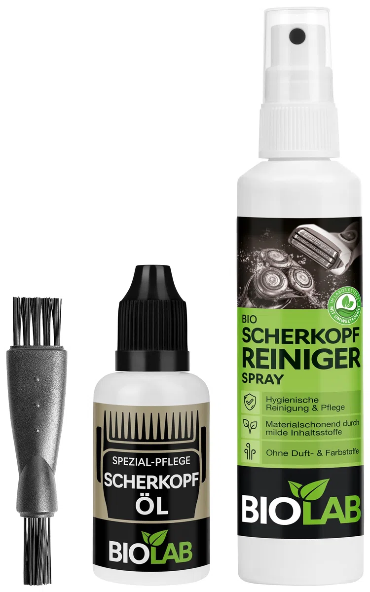 BIOLAB Kit de nettoyage et d'entretien pour tête de rasage – Huile pour tête de rasage (30 ml), spray nettoyant pour tête de rasage (100 ml) + brosse de nettoyage pour rasoir, tondeuse à cheveux et