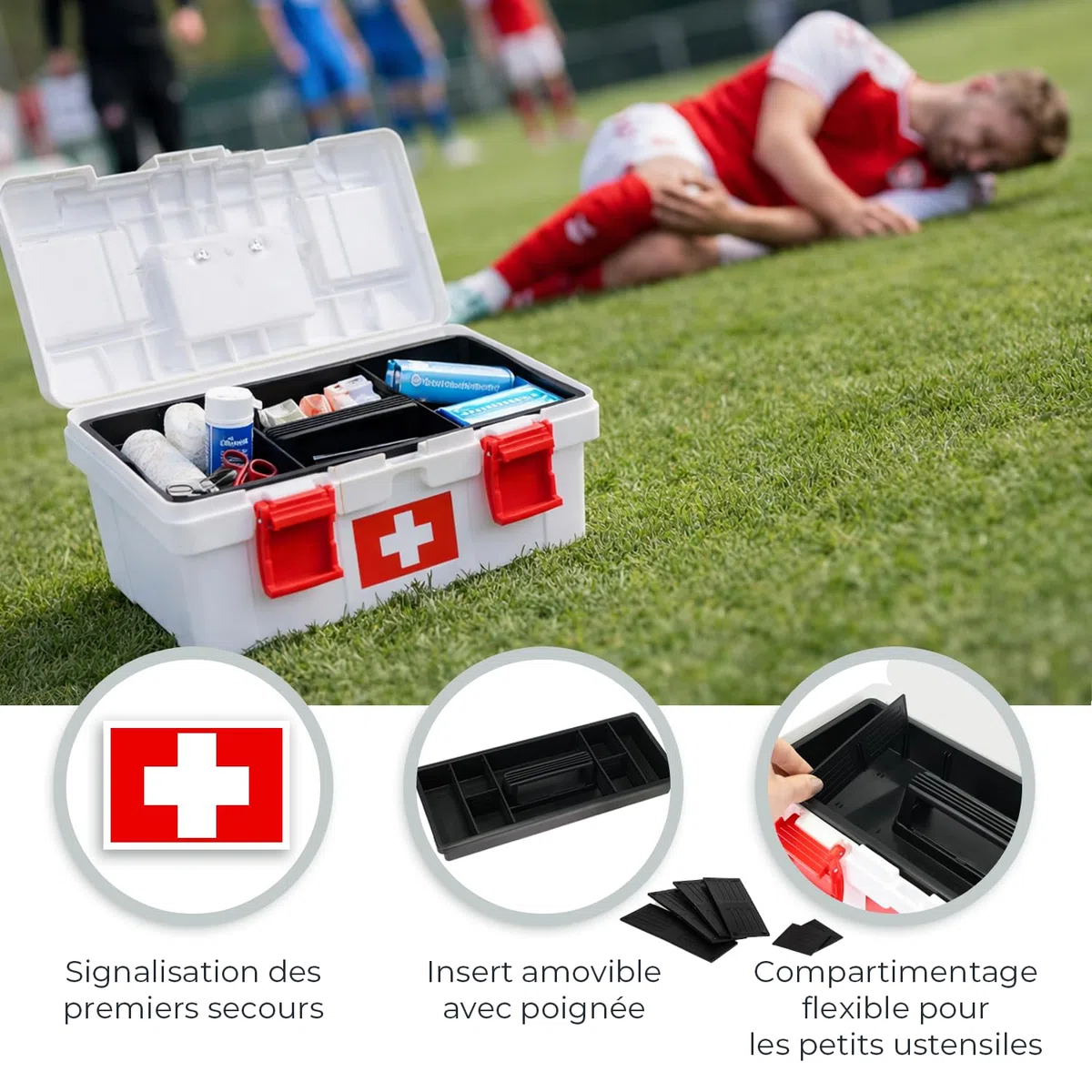 HMF Boîte à pharmacie vide pour les premiers secours pour club de sport, entreprise ou maison | 37 x 20 x 18,5 cm | Blanc/rouge