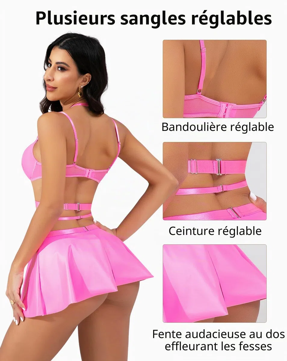 EVELIFE Ensemble de robes sexy en cuir pour femme, dos nu avec chaîne en métal, soutien-gorge push-up, effet mouillé, sous-vêtements courbés, élégants, en cuir synthétique, pour fête, rave, club, mini