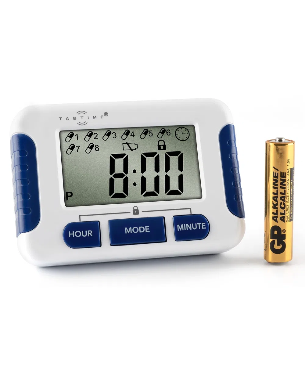 TabTime Timer (mode d'emploi en Français), Multi-alarmes de rappel à medicaments, jusqu'à 8 alarmes journalières, outil indispensable pour les personnes atteintes de Parkinson