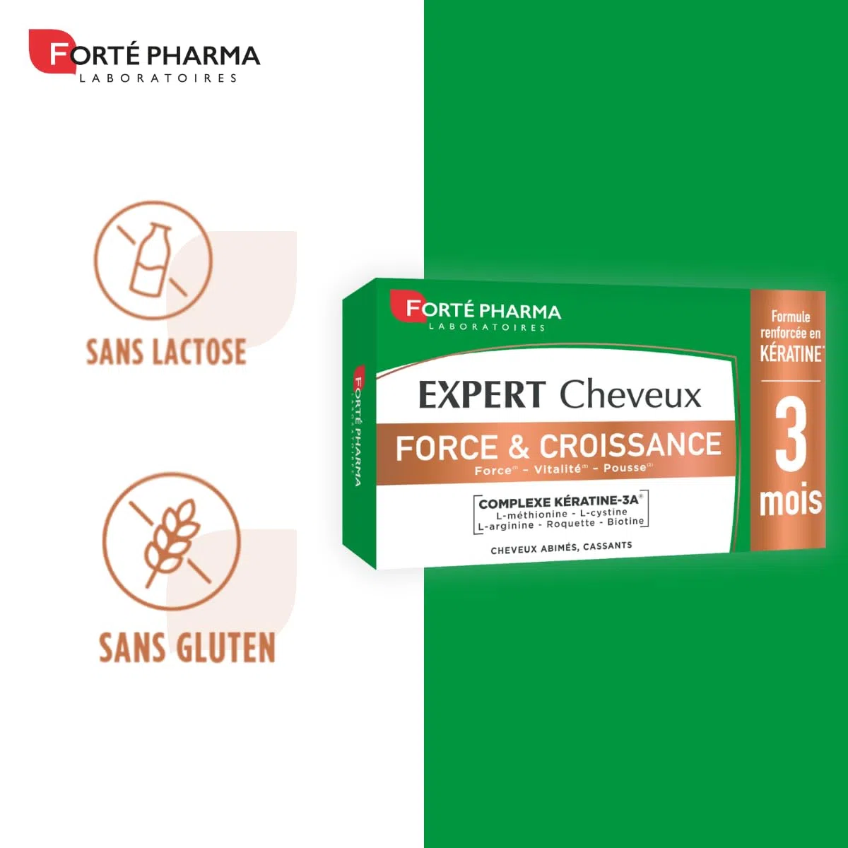 Forté Pharma Complément cheveux Expert Cheveux Force & Croissance 90 cp | Complément alimentaire Vitalité capillaire pour cheveux abîmés & cassants, renforcé en Kératine, 3 mois renouvelable