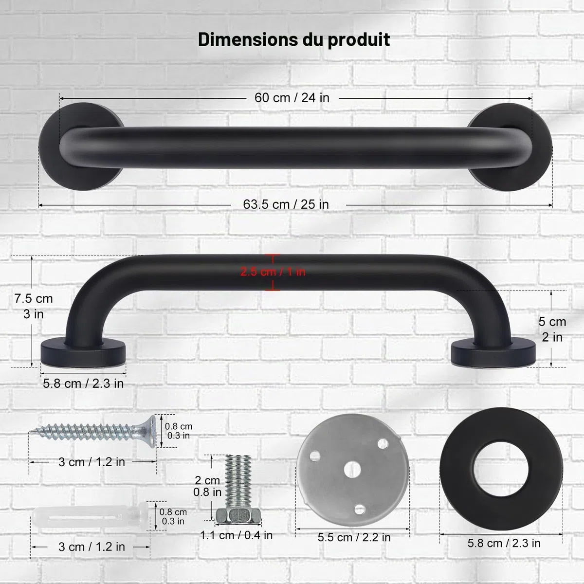 ‌supregear Barre d'Appui Salle de Bain 60 cm (2-Pack) - Barres de Sécurité en Acier Inoxydable 201 Noir, Fixation Murale Vis Dissimulée pour Baignoire/Douche/Cuisine