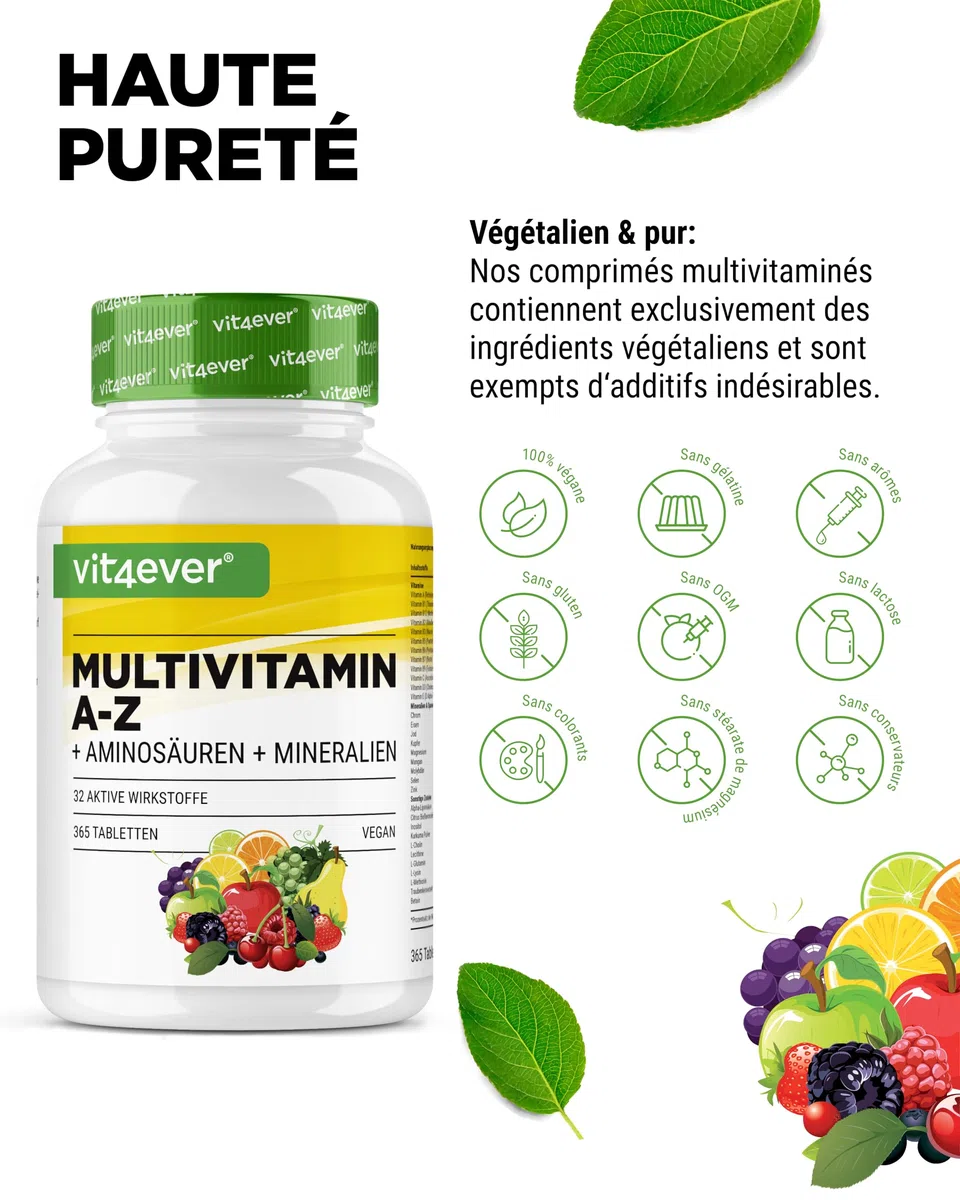 Multivitamine A-Z - 365 comprimés (12 mois) - 32 principes actifs - Combinaison de minéraux + acides aminés + oligo-éléments + extraits de plantes - Vegan - Fortement dosé