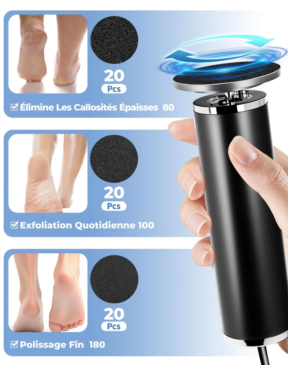 Honey Glow Pied, Râpeuse Pieds Électrique Professionnelle 60 Disques Abrasifs Inclus, Ponceuse Pieds Plug & Play Sans Recharge, Outil De Pédicure Pour Femme & Homme (Noir)