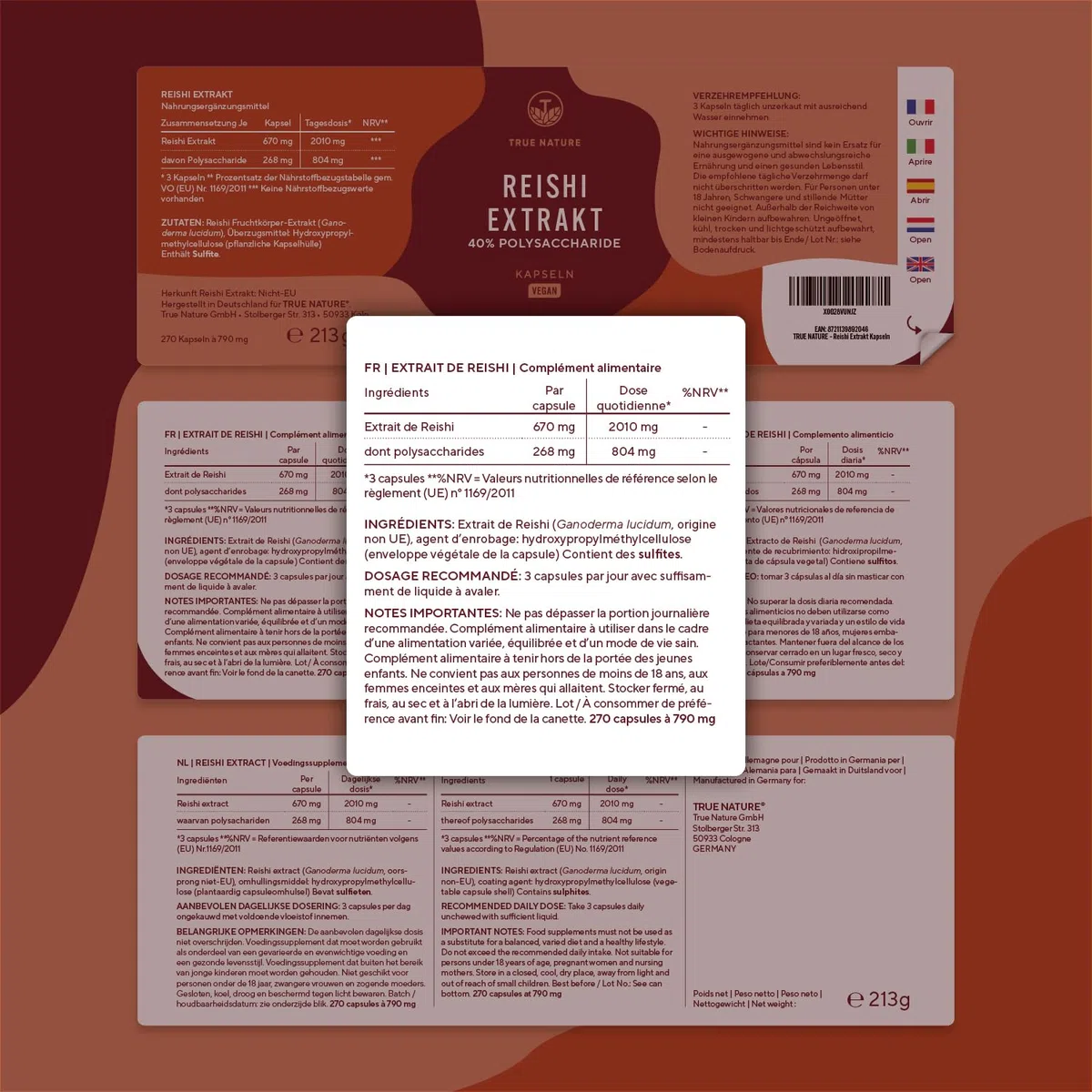 Reishi Ganoderma Lucidum - 270 Gélules - 20.100mg/jour, Extra Concentré (5:1) - 40% Polysaccharides - Immunité & Énergie - Sans Additifs, Gluten & Lactose - TRUE NATURE