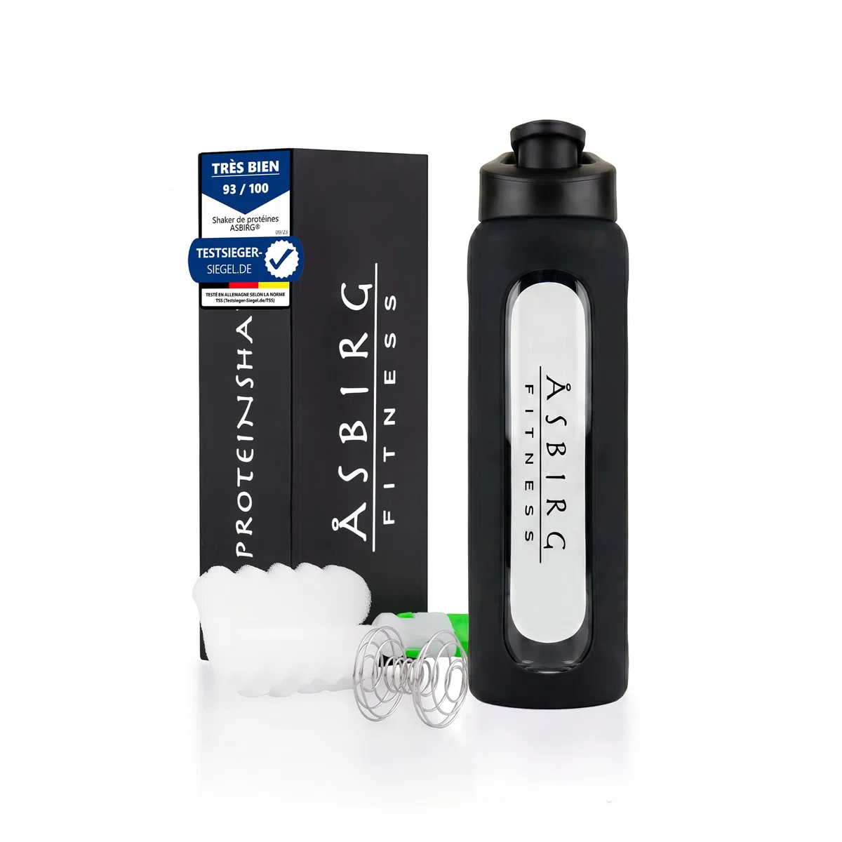 Shaker Protéines en Verre Trempé - 1000ml Gourde avec Boule Mélangeuse | Étanche, Sans BPA & Résistant | Noir