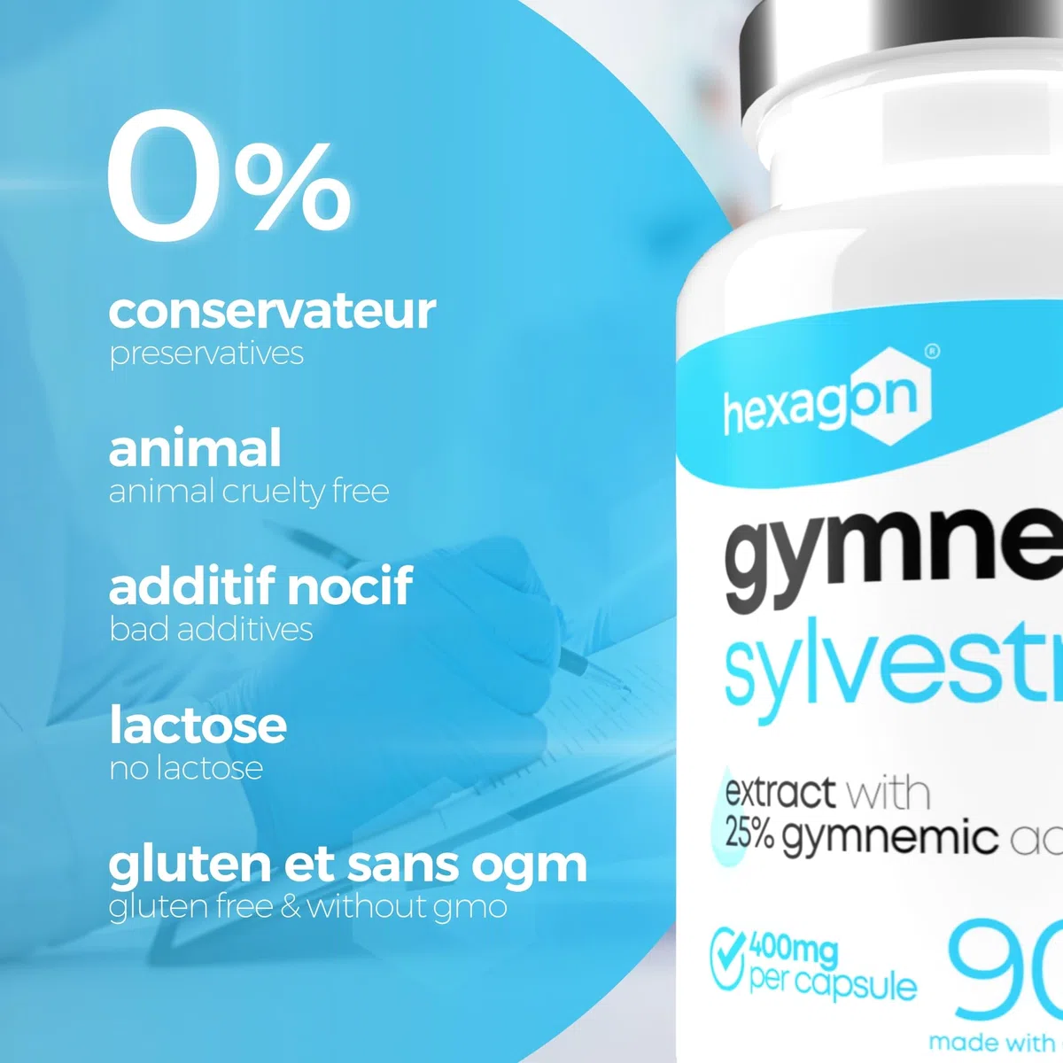 Gymnema Sylvestre 400mg - Jusqu’à +3 Mois de Cure - Soutien Naturel - Gestion des Envies Sucrées - Made in France - 90 Gélules Végétales - Vegan - Hexagon