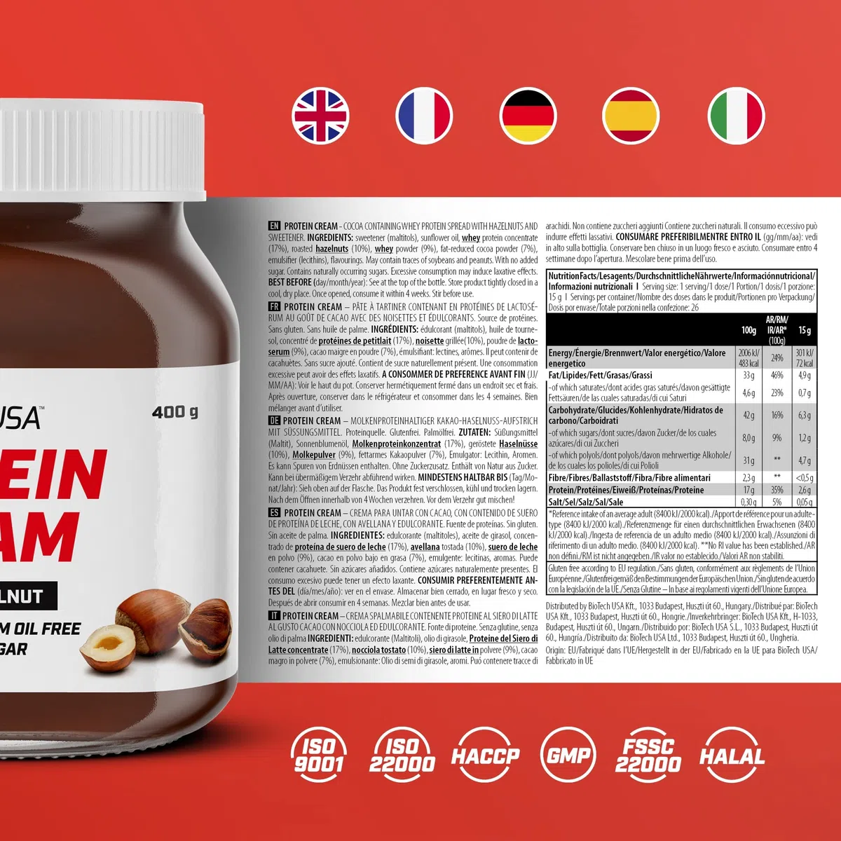 BioTechUSA Protein Cream | Riche en protéines | Tartinade de cacao et de noisettes | Sans gluten | Sans huile de palme, 400 g, Cacao-noisettes