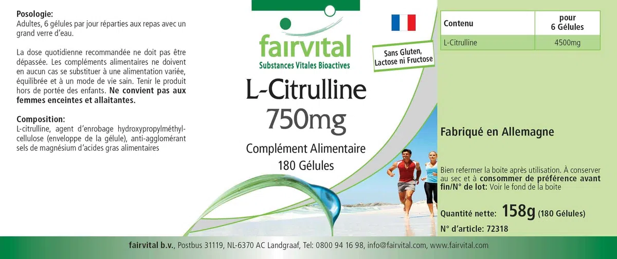fairvital L-citrulline en gélules de 750mg, HAUTE DOSÉE, VÉGÉTALIENNE, 180 gélules