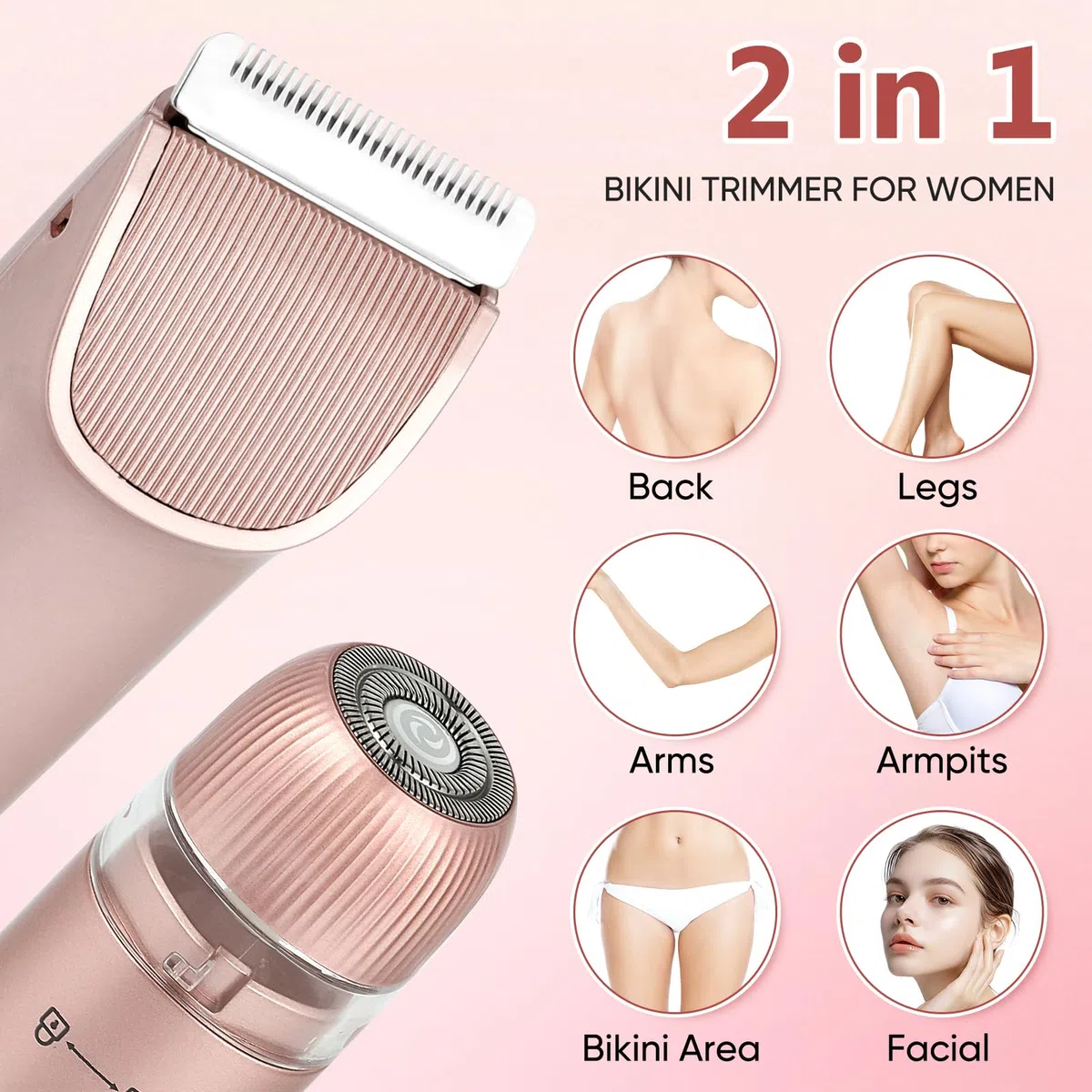Rasoir électrique 2 en 1 pour femme à double tête IPX7 étanche pour utilisation humide et sèche - Tondeuse pour poils du corps et du visage - Pour bikini, aisselles, jambes, bras, corps et visage