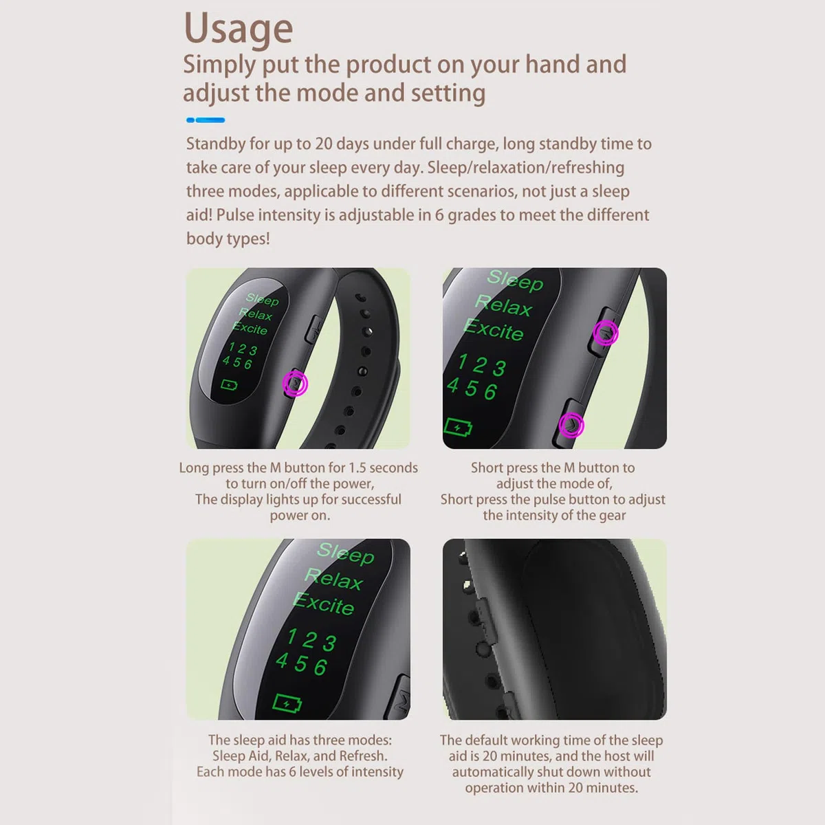 Machine D'aide Au Sommeil Pour Adultes, Aide au sommeil bracelet montre dispositif soulagement de l'anxiété 3 Modes 6 force microcourant aide au sommeil Machine Pour Adultes Soulager le Stress