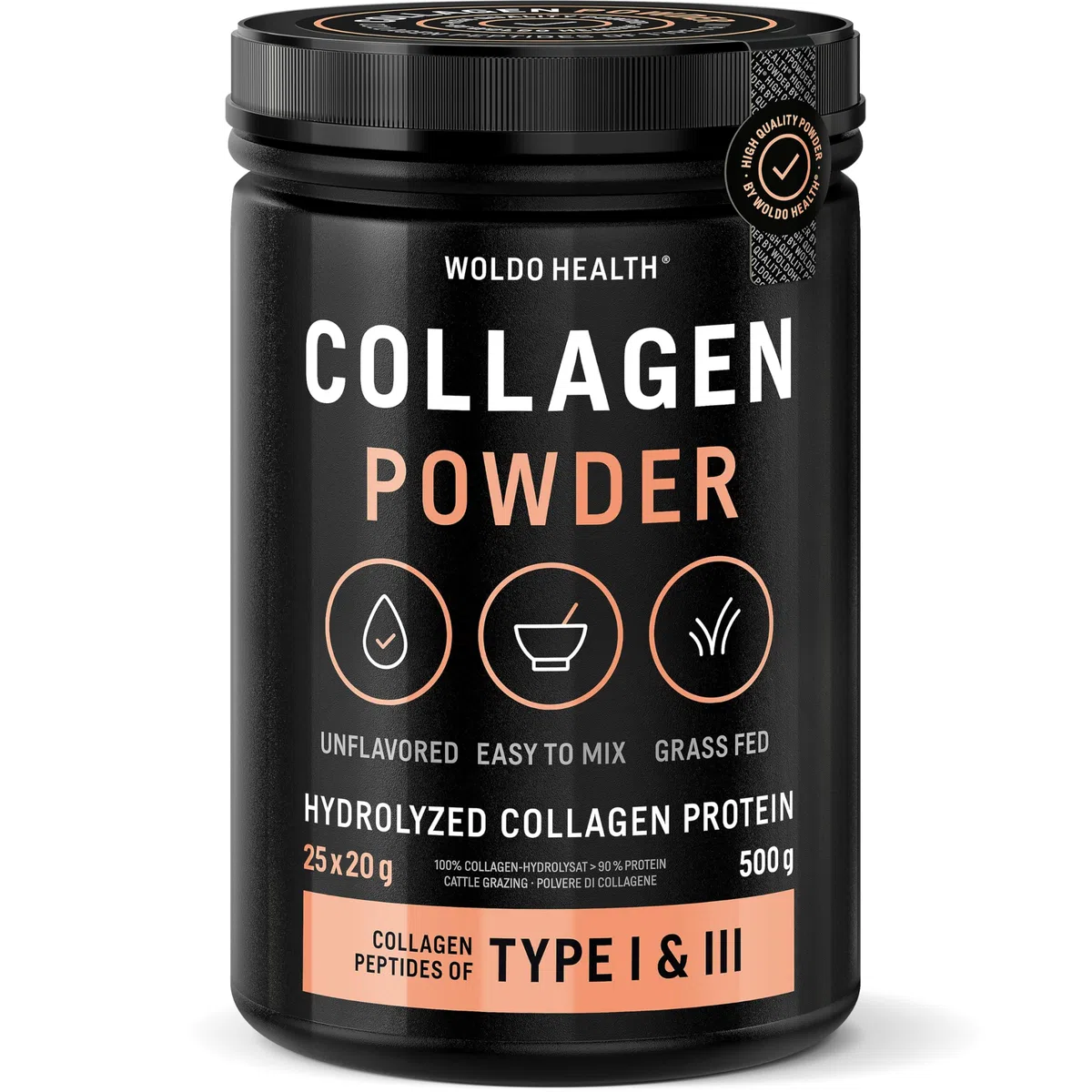 WoldoHealth Collagène Poudre 500g Bovin Hydrolysé - Protéine Neutre Peptides Type 1 & 3 pour Café & Shakes
