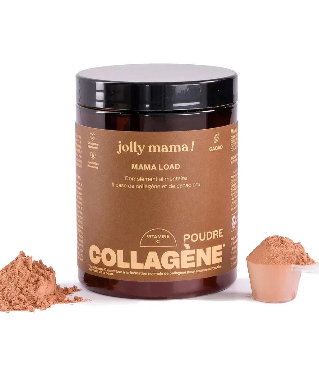 Jolly mama! Mama Load | Poudre à Boire, Collagène Marin au Cacao | Enrichi en Vitamine C | Peau & Cartilage | Sans Gluten | Compatible Grossesse & Allaitement | Fabriqué en France | Pot 112g