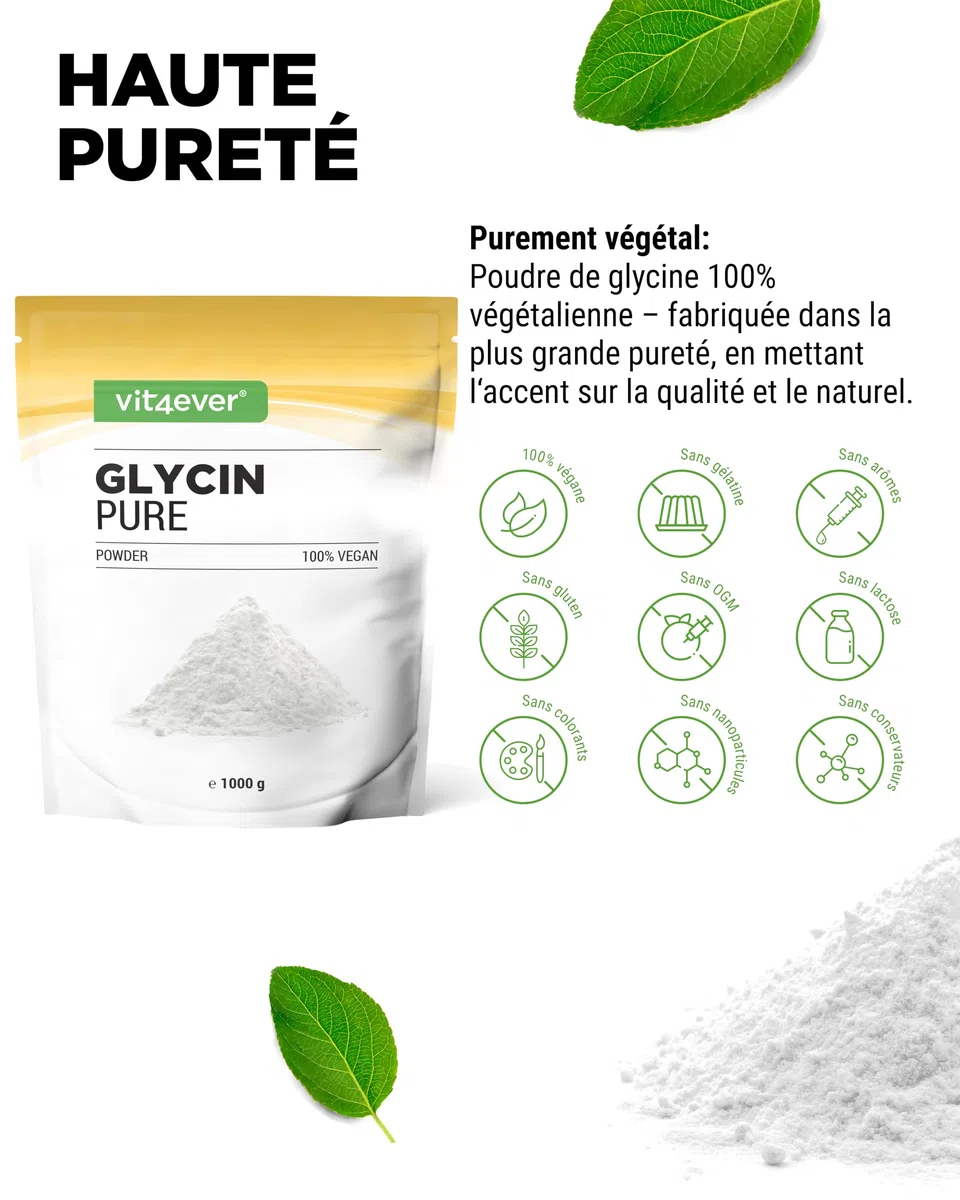 vit4ever Glycine Pure - 1000 g (1 kg) de Poudre Pure sans Additifs - Avec Cuillère Doseuse - Acide Aminé L-Glycine Dosé de Manière Optimale, Naturellement Doux - Vegan