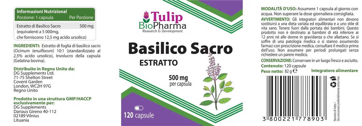 Basilic Tulsi sacré 5000mg Equivalent (500mg d'extrait 10:1) 120 Capsules, très fort, sans gluten, sans OGM, sans agent de remplissage