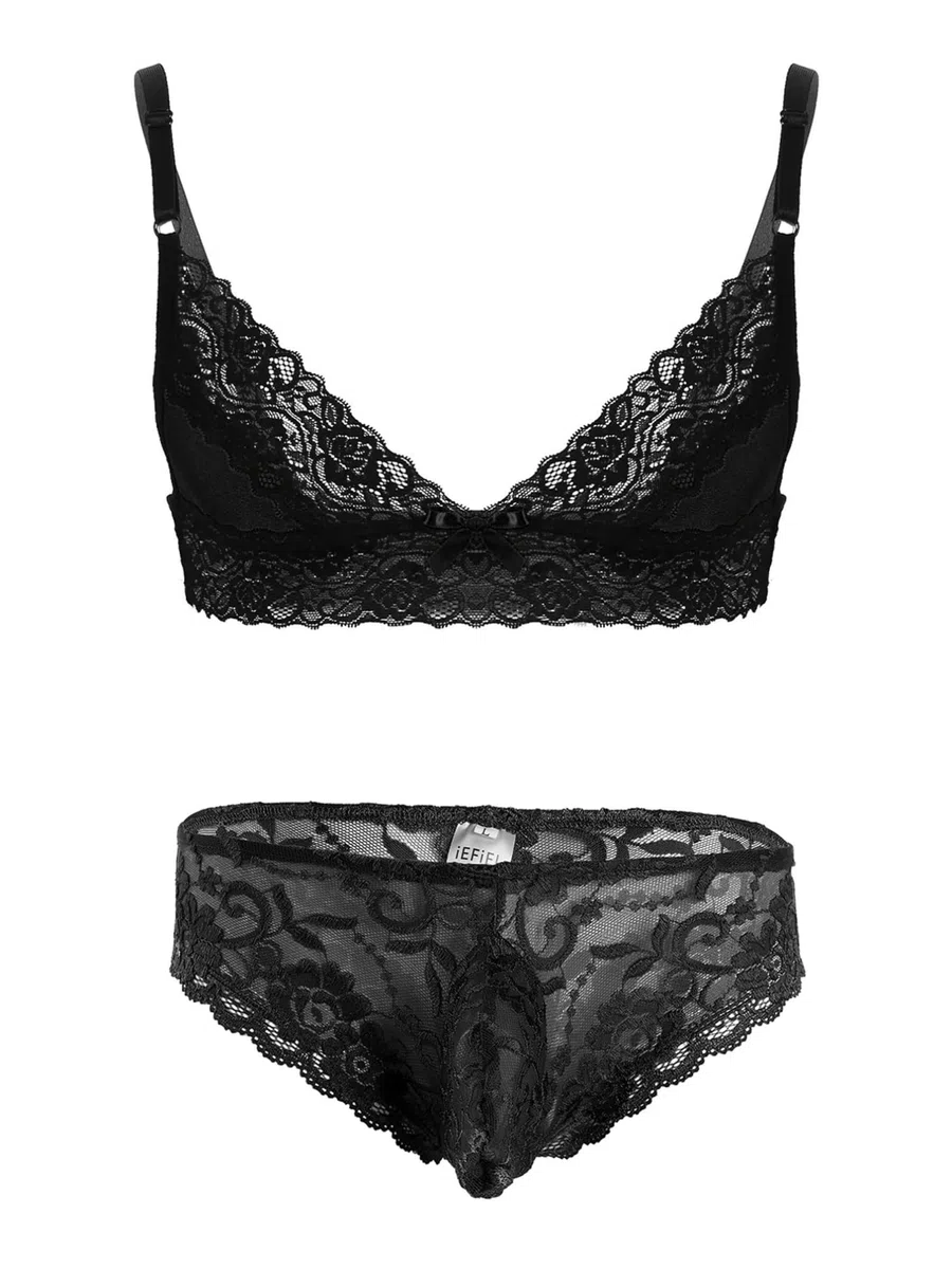 iiniim Sissy Lingeries Homme sous Vêtement Ensemble Dentelle Lingiere Transparent Bra Soutiens-Gorge avec String Travesti Nuisette M-4XL Noir J XL