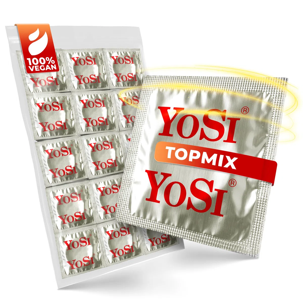 100 préservatifs de la marque YOSI « Topmix » largeur de 53 mm - Préservatifs mixtes (20x côtelés/20x ultra-fin/20x banane/20x fraise/20x raisin) - 100 pièces (2 x 50 pièces)