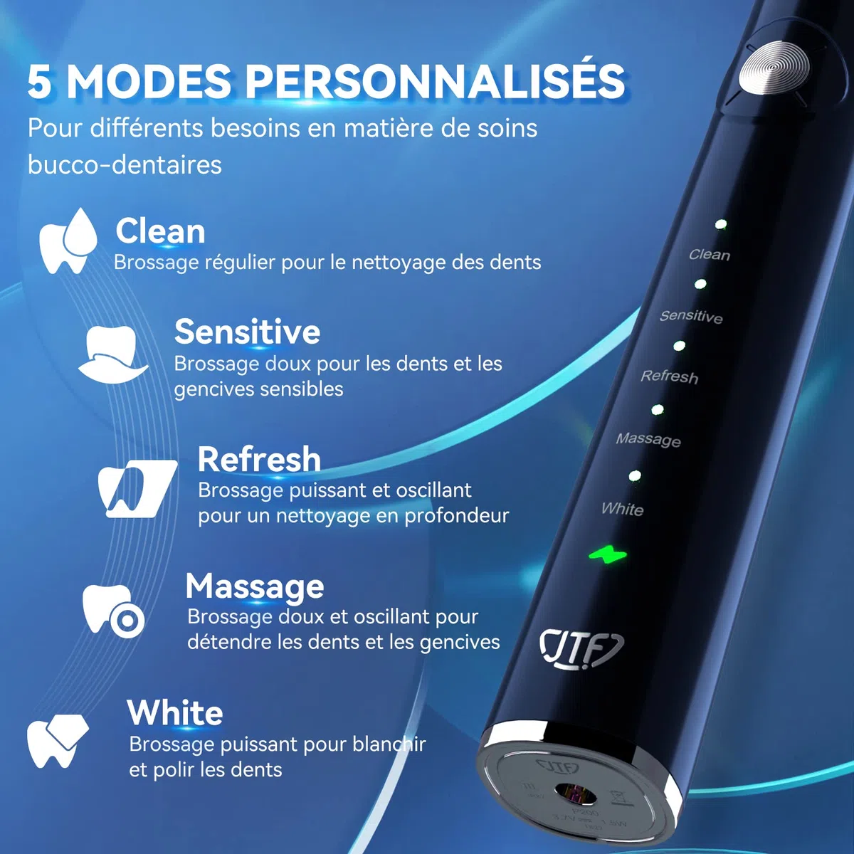 JTF Brosse À Dent Électrique Sonique Adultes avec 6 Têtes de Brosse et Étui de Voyage, Chargeur Rapide sans Fil et Longue Durée, 5 Modes et Minuteur Intelligent, Brosse À Dent Voyage, P200 Bleu