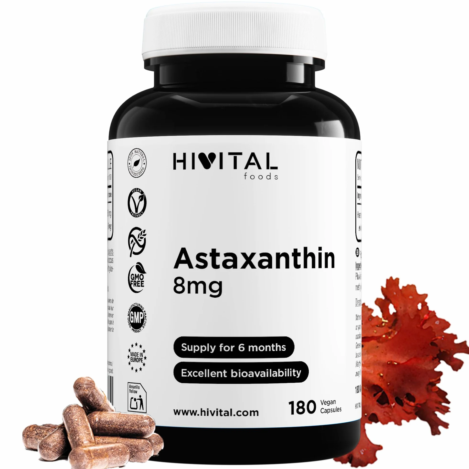 Astaxanthine pure 8 mg. 180 gélules végétaliennes pour 6 mois de traitement. Provenant de 160 mg d'Algues Naturelles Haematococcus Pluvialis à 5% en Astaxanthine. Fabriqué en Europe par HIVITAL