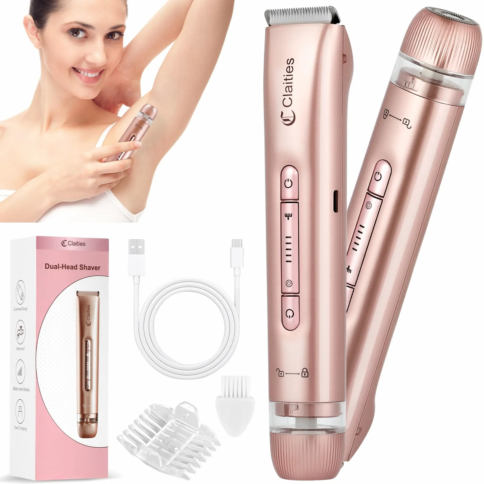 Rasoir électrique 2 en 1 pour femme à double tête IPX7 étanche pour utilisation humide et sèche - Tondeuse pour poils du corps et du visage - Pour bikini, aisselles, jambes, bras, corps et visage