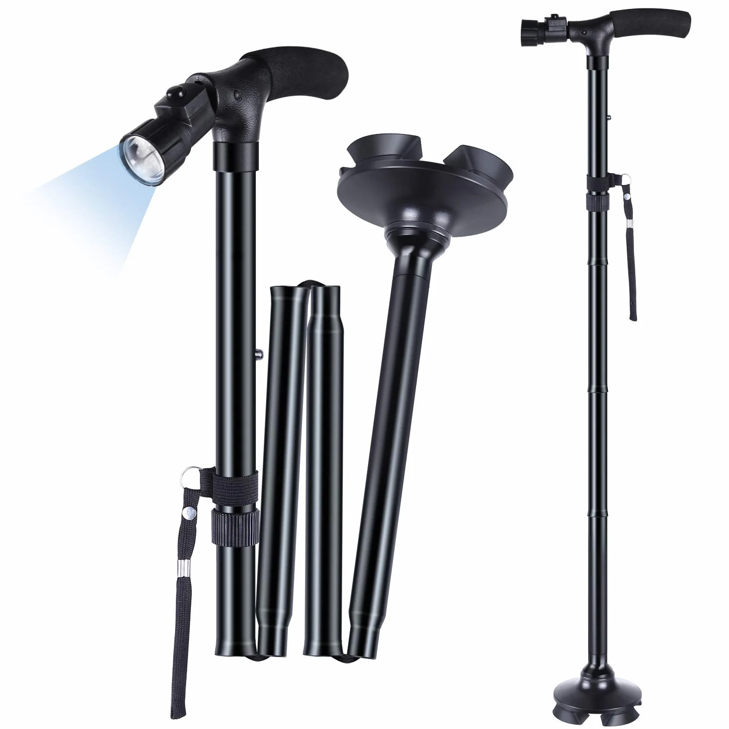 Canne de Marche Pliante avec Lumière LED, Ohuhu Bâton de Marche Hauteur Réglable pour Homme et Femme, Personnes Âgées, Pliable Portable, avec Coussin en T et Base pivotante, Sac de Transport