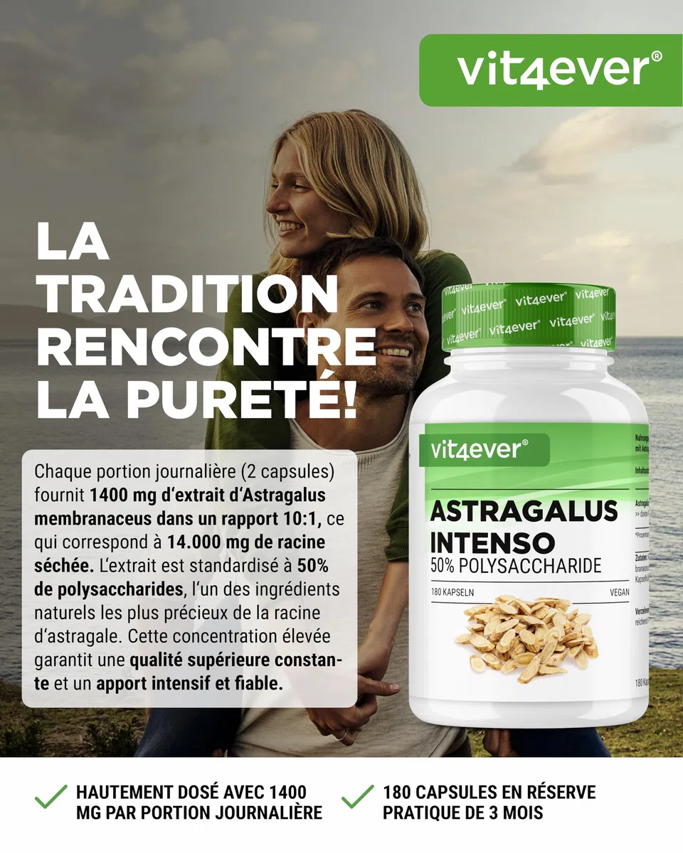 vit4ever Astragalus - Hautement Dosé avec 1400 mg d'Extrait pur par Jour - 180 capsules - Premium : 50% Polysaccharides - Extrait pur de Gomme Adragante - Sans Additifs Indésirables - Vegan