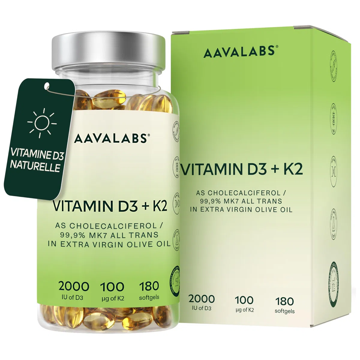 Vitamine D3 K2 avec de l'Huile d’Olive Vierge - Vitamine D3 2000 UI et Vitamine K2 MK7 100 μg pour Os, Muscles, Système Immunitaire - Vitamine D Vitamine K sans OGM, Gluten et Lactose - 180 Gélules