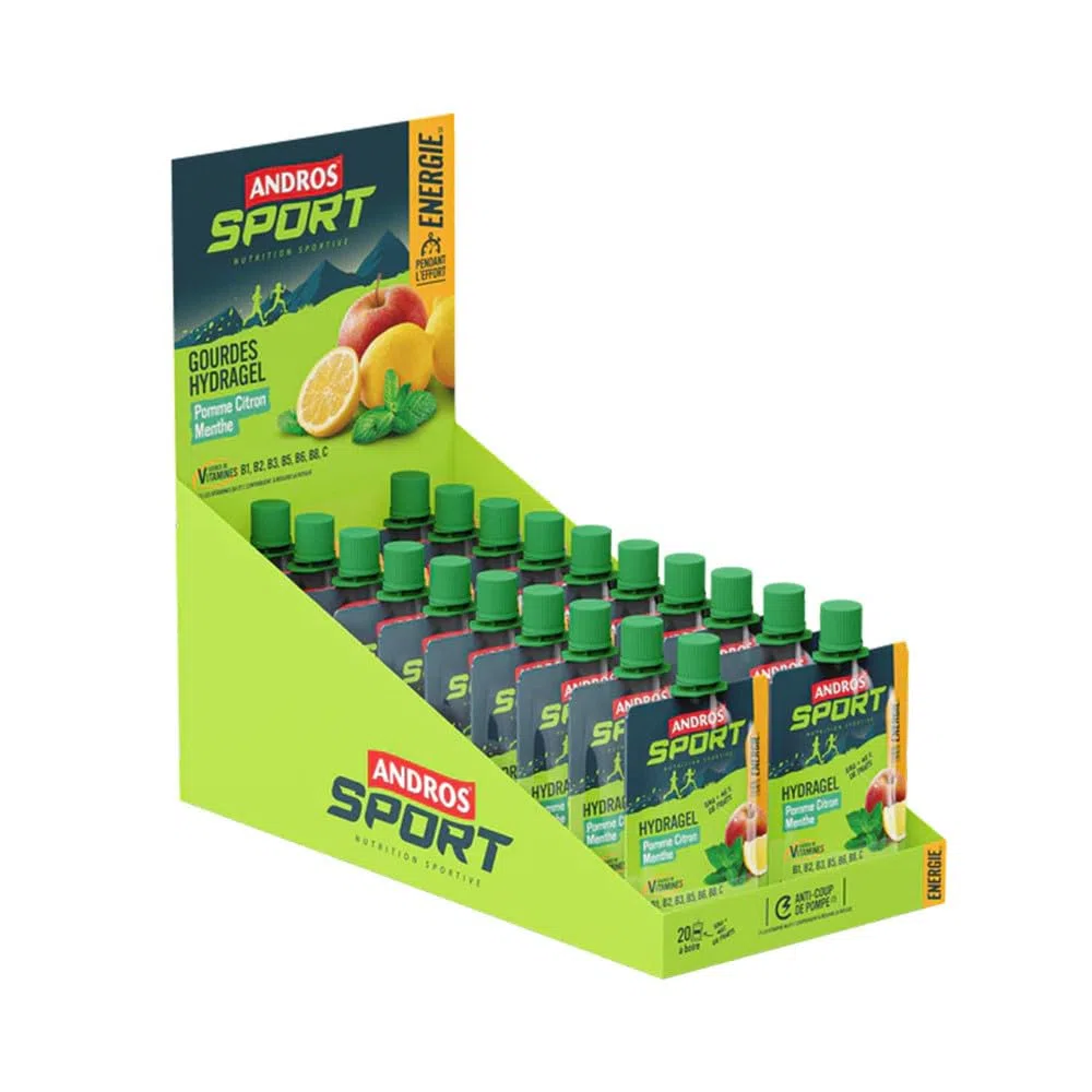 Andros Sport | Gourdes Hydragel (20x90g) | Gels énergétiques | Hydratation maximale - Pomme Citron Menthe
