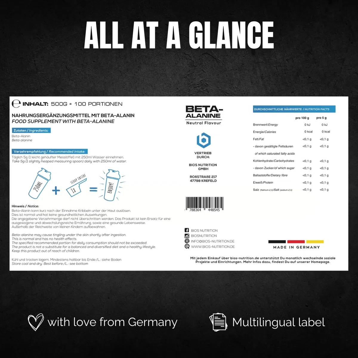 Bêta-alanine en poudre 500gr - +99% de pureté - goût neutre - vegan, hautement dosé, sans additifs - BIOS Nutrition (Fabriqué en Allemagne)