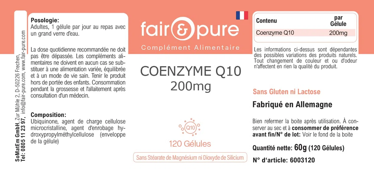 Fair & Pure Co-Enzyme Q10 Capsules 200mg, 120 pièces, complément alimentaire végétalien sans additifs, fabriqué en Allemagne