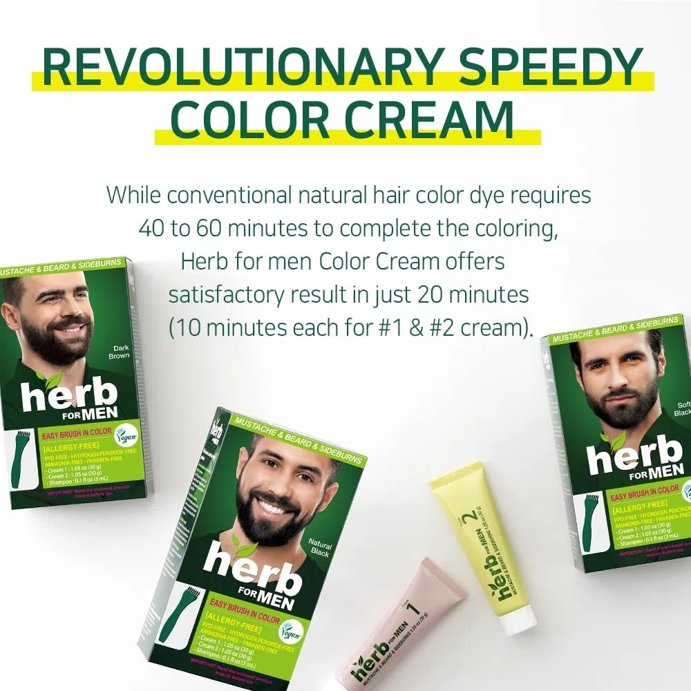Teinture pour Moustache et Barbe Sans PPD ni Ammoniaque, Ingrédients Naturels Végétaliens, Sans Odeur, Plus d'Irritations Cutanées dues à la Coloration pour Peau Sensible – Noir Doux.