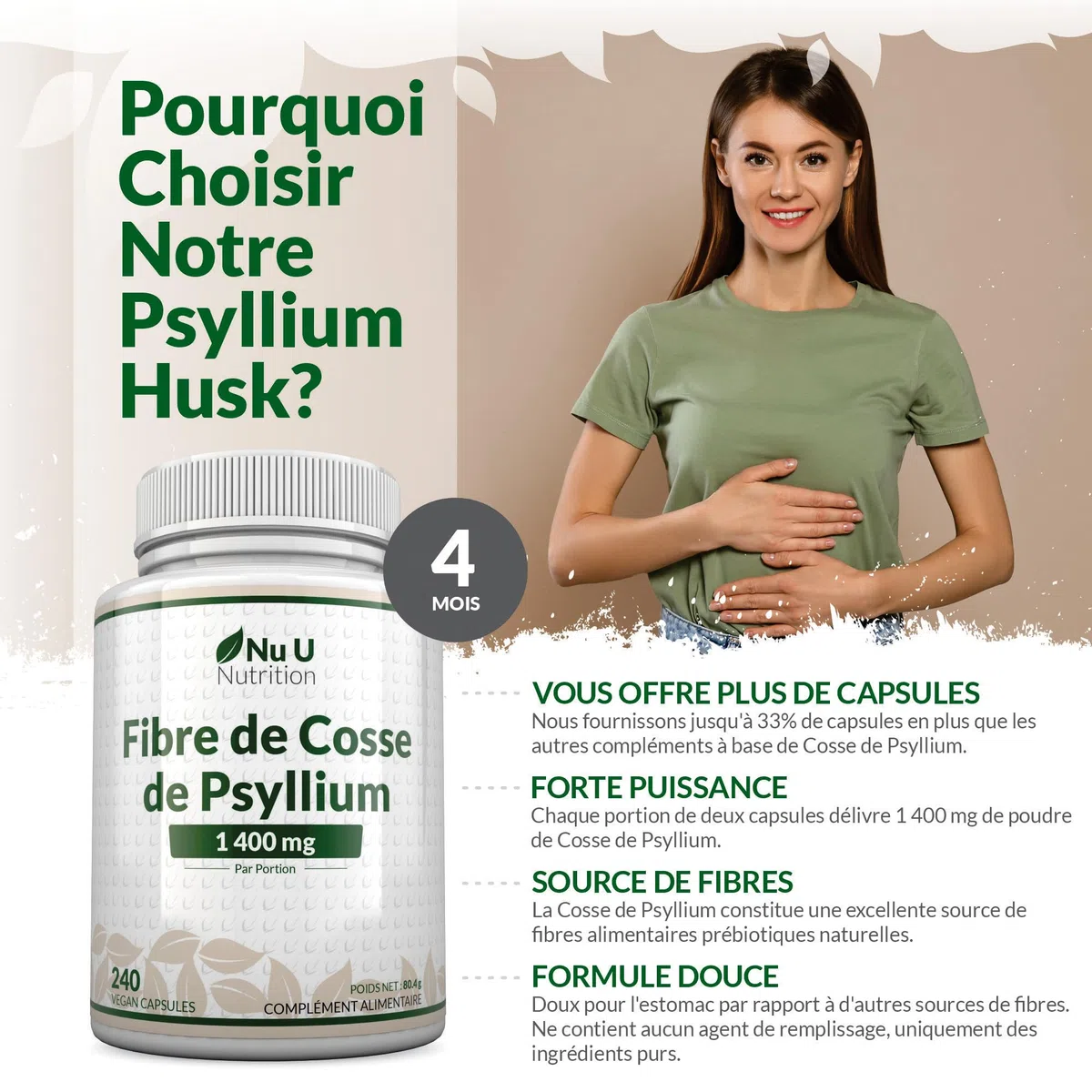 Psyllium Blonde 1400mg par Portion - 240 Gélules Véganes - Fibre Prébiotique Soluble Naturelle Provenant des Graines de Cosse de Plantago Ovata - Fabriqué en Europe – Nu U Nutrition
