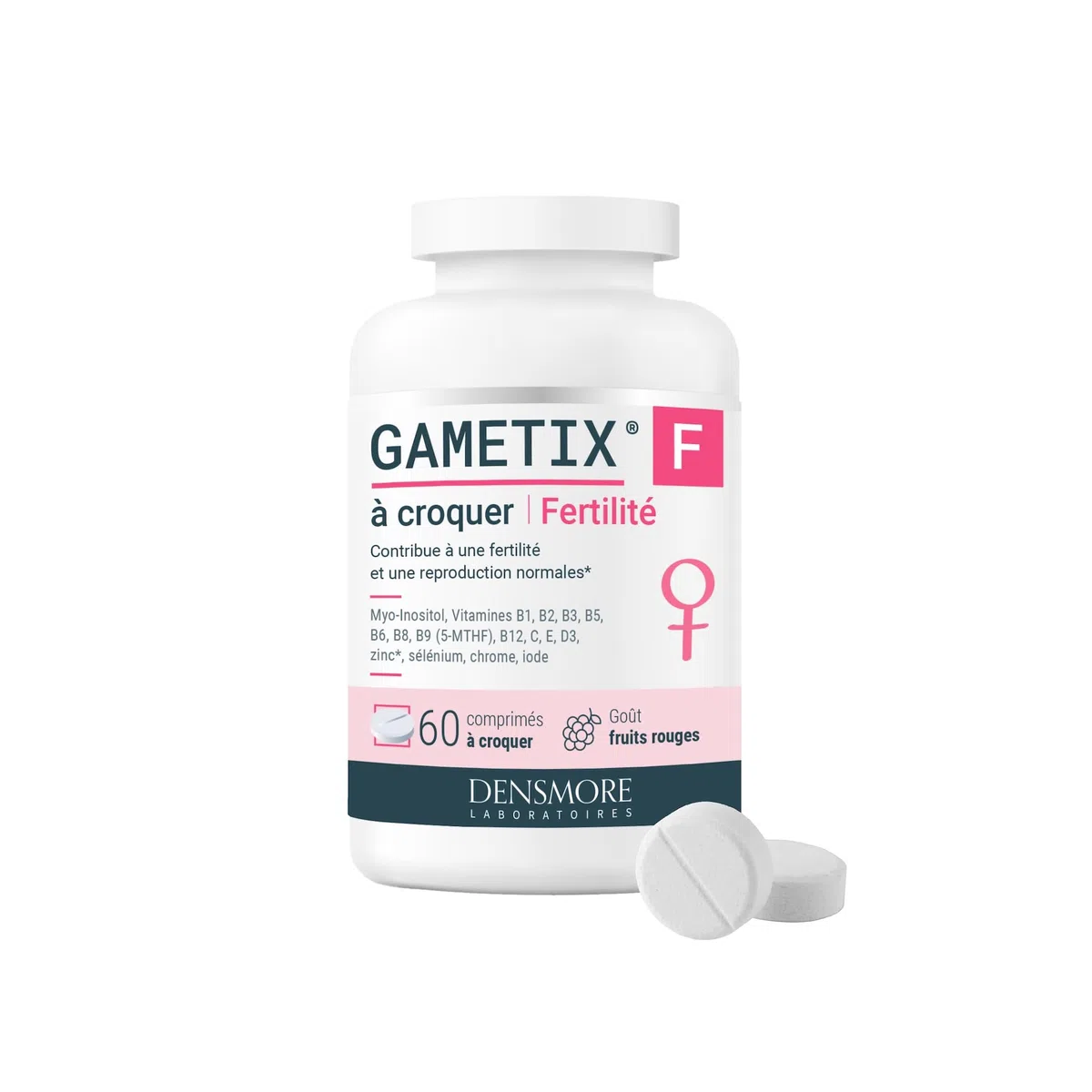 Densmore - GAMETIX F à Croquer - Complément Alimentaire Fertilité Féminine à base de Myo-Inositol, Acide Folique (Vitamine B9), Zinc, Vitamines - Goût Fruits Rouges - 60 Comprimés - Fabriqué en France