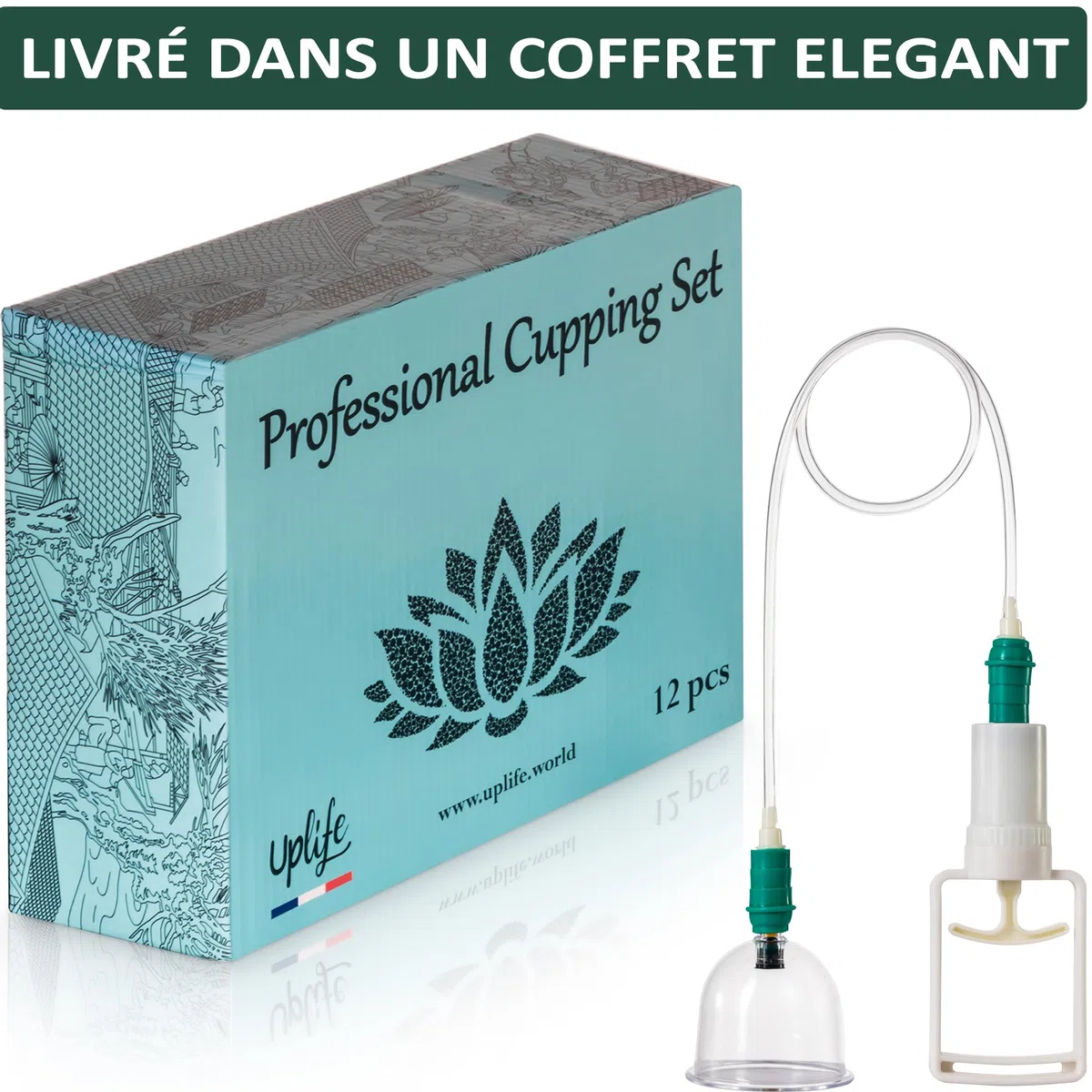 Uplife Kit de 12 Ventouses Thérapeutiques -Instructions en Français- Ventouse Massage Kiné Anti Cellulite Soulage Douleurs Fatigue - Ventouses Chinoises de Cupping Pistolet Massage Hijama Acupuncture
